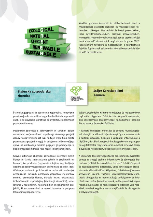 Notranja stran brošure ECO-HUB s predstavitvijo projektnih vsebin
